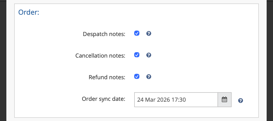 Order tab: Despatch Notes, Cancellation Notes, Refund Notes, Order sync date
