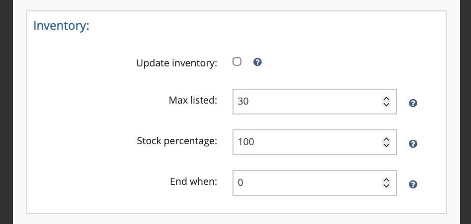 Inventory tab: Update Inventory, Max Listed, Stock Percentage, End When