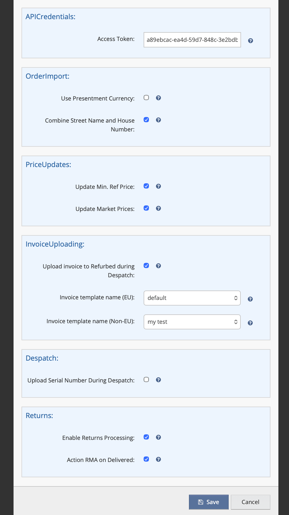 Settings tab: all configuration fields