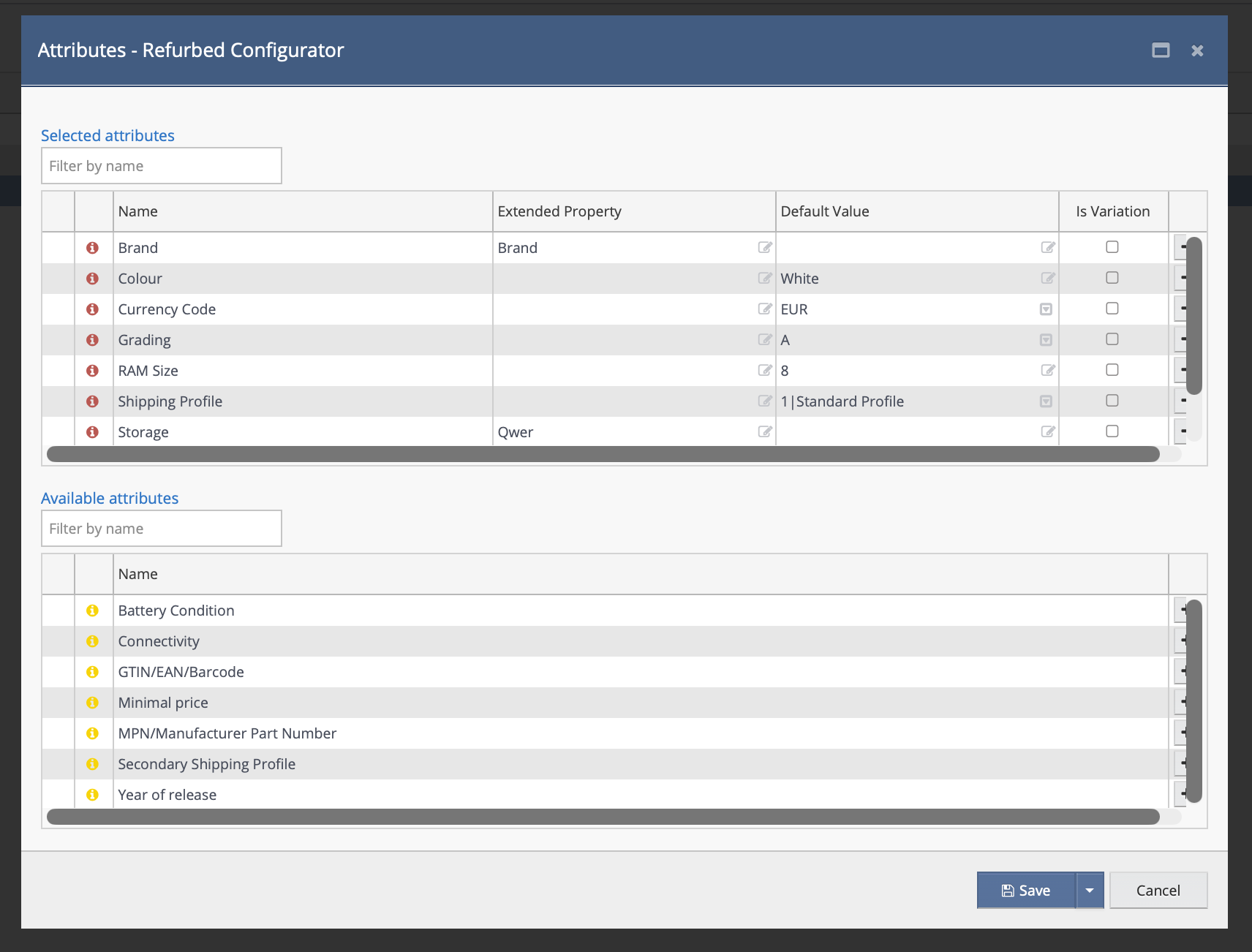 Attributes section — standard and category-specific attributes