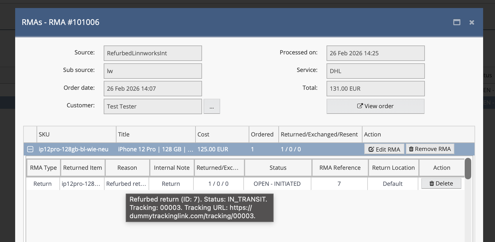 Linnworks RMA booking with Refurbed return statuses in the Reason field