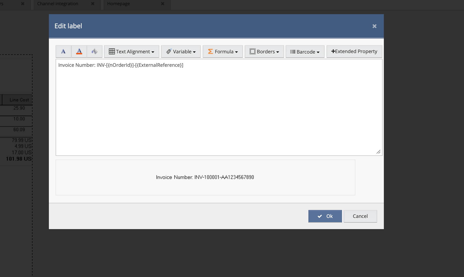 Linnworks invoice template with Invoice Number expression