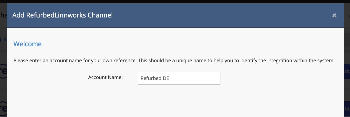 Account Name input with Refurbed entered