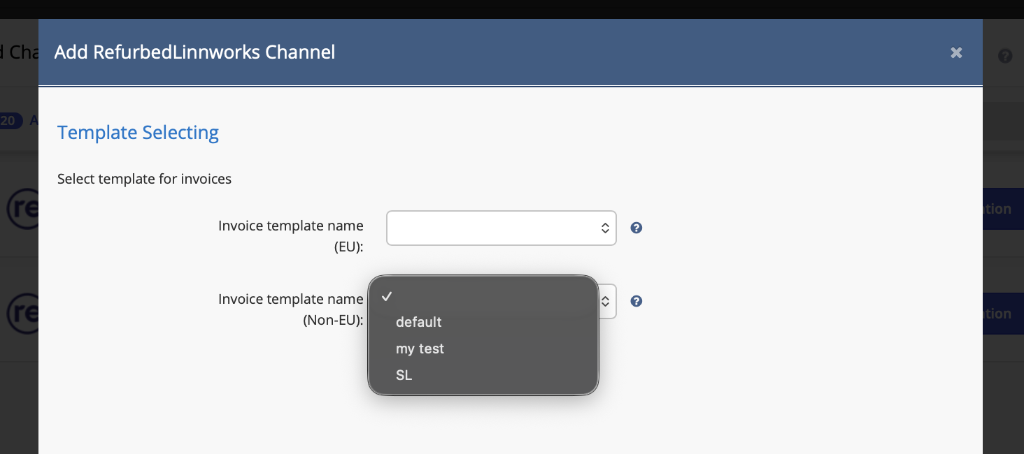 Invoice Template selection — EU and Non-EU template dropdowns